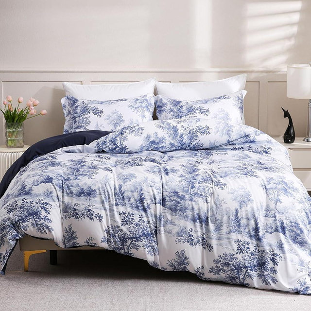 LONAVA Queen Botaincal 3 Pcs Duvet Cover Set, Breathable Soft Microfiber Navy Lining Comforter Cover with Zipper Closure, and 2 Anti-Pilling, Fade Resistant Pillowcases, Blue Forest
