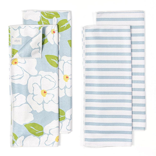 ELYN Microfiber Kitchen Dish Towel Set, Quick-Dry & Absorbent Waffle Weave Cleaning Towels, Set of 4 Kitchen Towels, Paper Towels Alternative (Magnolias & Stripe)