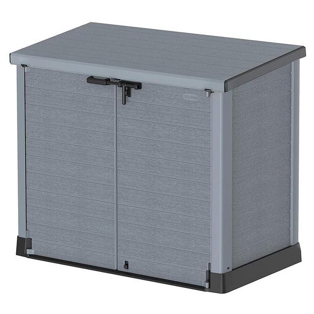 Duramax Cedargrain StoreAway 1200L Plastic Garden Storage Shed/Flat Lid - Outdoor Storage Bike Shed – Durable & Strong Construction– Ideal for Tools, Bikes, BBQs & 2X 240L Bins, 145x85x125 cm, Grey