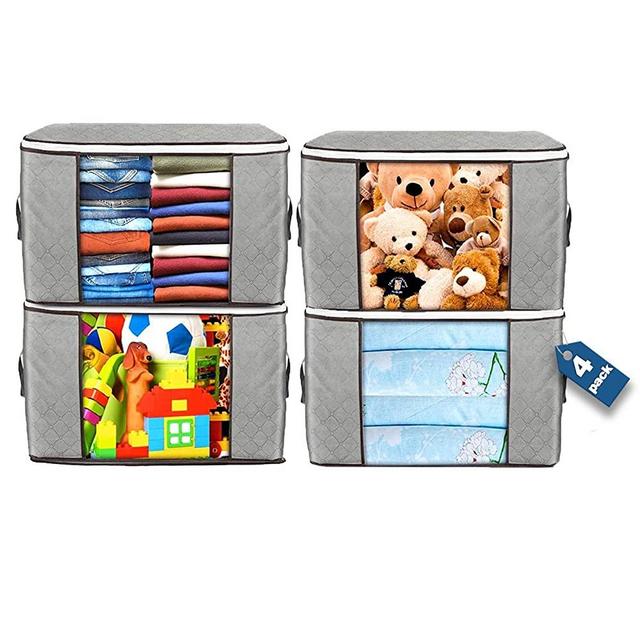 Large Storage Bags, 4 Pack Clothes Storage Bins Foldable Closet Organizers Storage Containers with Durable Handles Thick Fabric for Blanket Comforter Clothing Bedding 90L