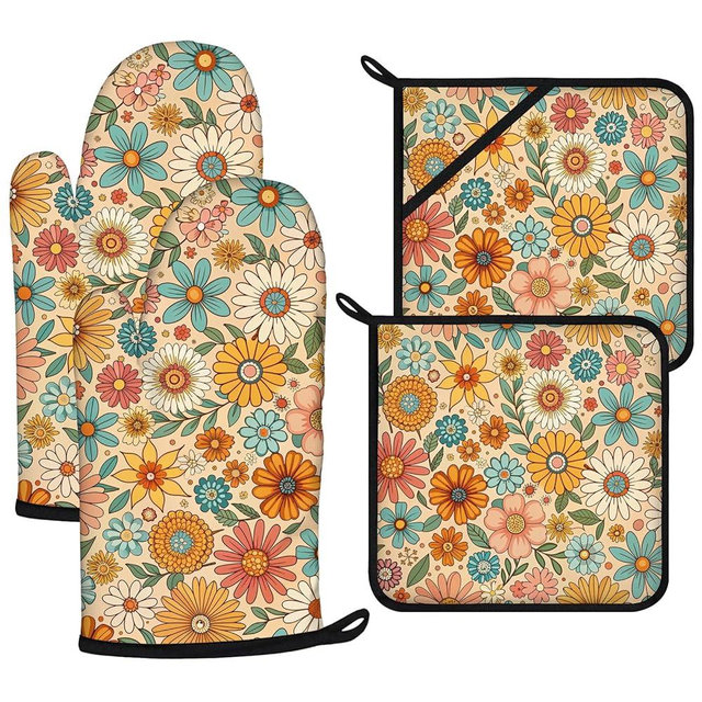 Boho Floral Oven Mitts and Pot Holders Sets 4Pcs,Extra Long Oven Gloves Potholder for Kitchen Cooking Baking BBQ 100% Cotton Heat Resistant