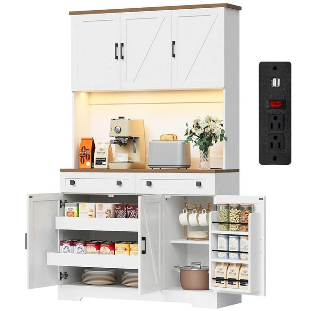 ELYKEN 71" Pantry Cabinet with Charging Station & LED Lights, Tall Kitchen Pantry with Hutch, Microwave Stand, Farmhouse Pantry with Door Shelf & Drawer & Adjustable Shelf for Dining Room, White