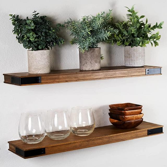 Willow & Grace Rustic Farmhouse Shelves - Natural Floating Shelves, Easily Mounted | Perfect Rustic Floating Shelves for Bathroom, Kitchen & Bedroom | Light Walnut (24" Set of 2)