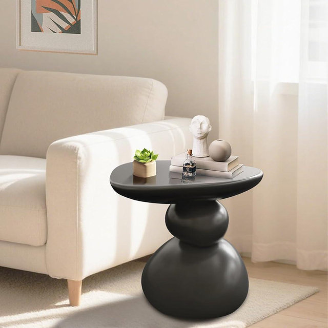 CDDUOLA Modern Resin End Table, Irregular Sofa Side Table for Indoor and Outdoor, Round Stone-Inspired Shaped Small Coffee Table for Living Room, Bedroom, Balcony, Garden, Yard, Store (Black)