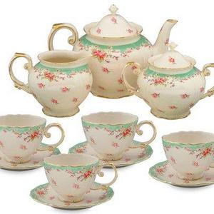 Gracie China by Coastline Imports Vintage Green Rose Porcelain 11-Piece Tea Set, Green