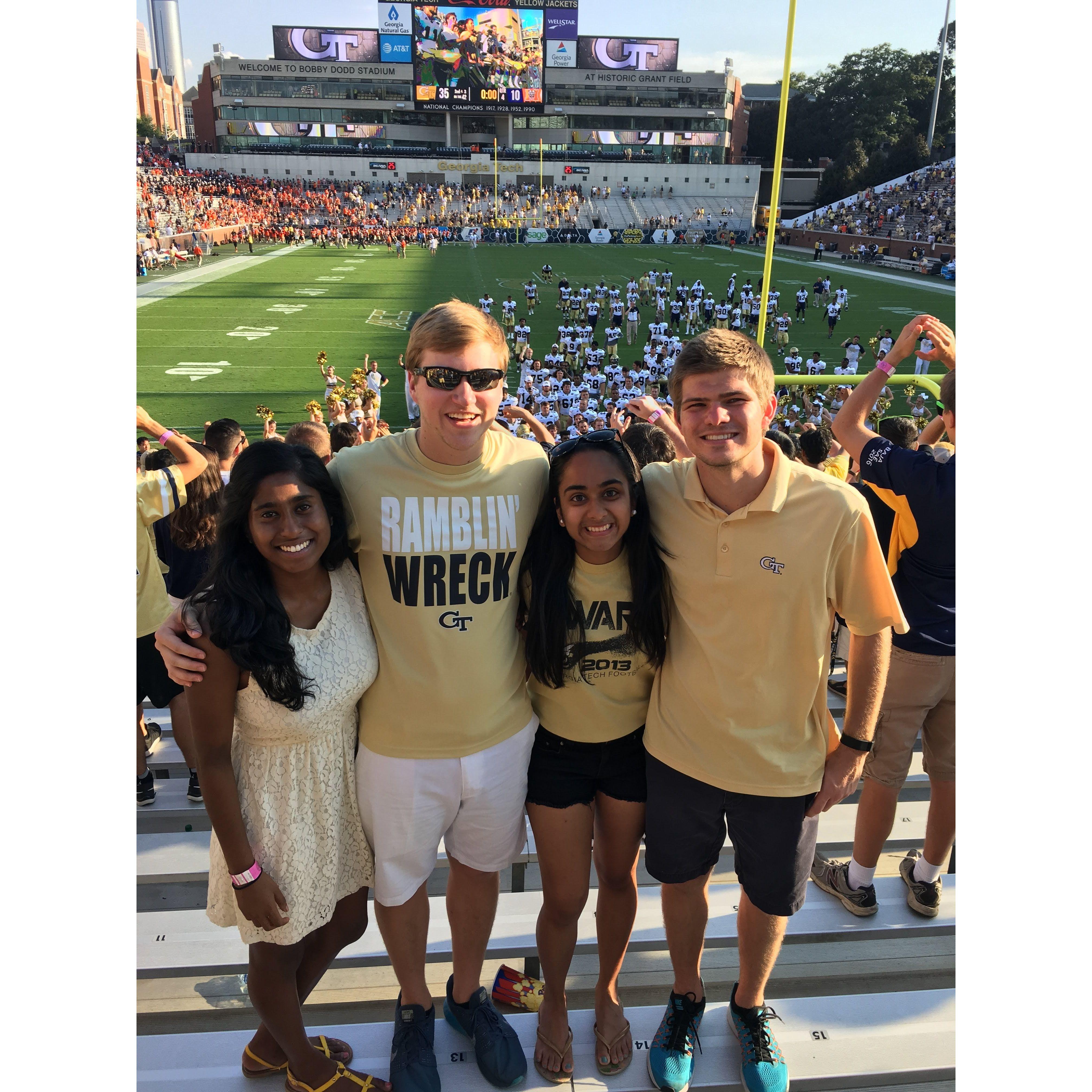 Tim and Sangeetha celebrate a Jacket's victory with their friends Decker and Kanchi (Sept 2016)