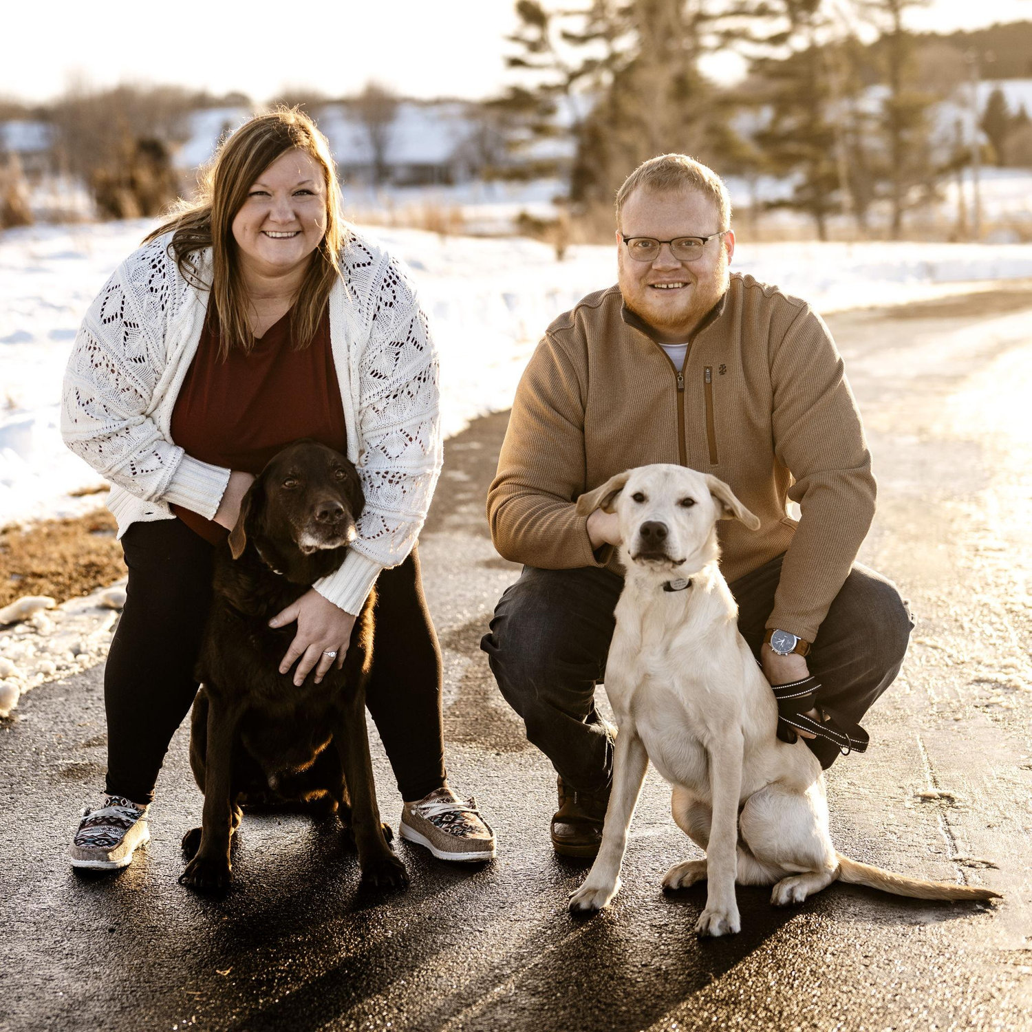 Steven, Jenna, Luke (Chocolate lab), Harvey (Yellow Lab)