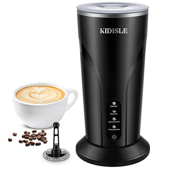 KIDISLE 4-in-1 Electric Milk Frother and Steamer, Milk Steamer with Keep Warm Function, Automatic Warm and Cold Foam Maker, Frother for Coffee, Latte, Hot Chocolate, Macchiato, Cappuccino, Black