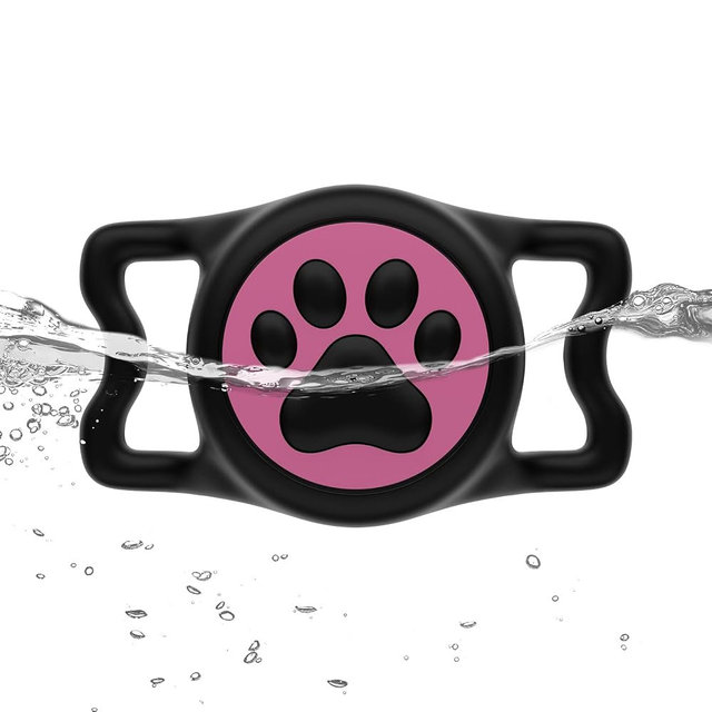 WhoseID IP68 Waterpoof Dog Air tag Holder, Stretchy Silicone Full Body Covered Apple Air Tag Holder for Dog Cat Collar Fit All Width Collar (Black & Rose, 1 Pack)