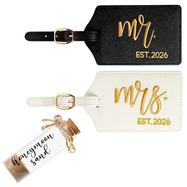 Mr. & Mrs. Luggage Tags & Honeymoon Beach Sand Keepsake Set, Wedding, Bridal Shower, Engagement Gifts for Couples (Black/White Gold Est 2026)
