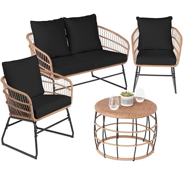 Best Choice Products 4-Piece Outdoor Rope Wicker Patio Conversation Set, Modern Contemporary Furniture for Backyard, Balcony, Porch w/Loveseat, Plush Cushions, Coffee Table, Steel Frame - Black