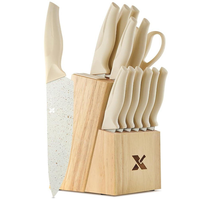 XANAPON Knife Set, Dishwasher Safe Kitchen Knife Set, CreamWhite Ergonomic Handle and Ceramic-Coated Blades, Built-in Sharpener Block, Sturdy German Stainless Steel