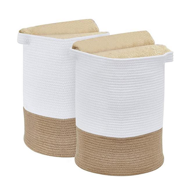 DECOMOMO [2-Packs Large Cotton Rope Storage Basket 17.7” Decorative Woven Laundry Hamper Bin | Great for Nursery/Toys/Blanket/Throw/Bedroom (Jute & White, Large)