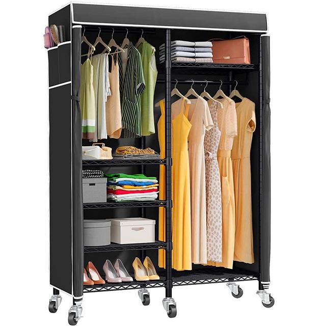 VIPEK V14C Portable Closets Rolling Clothes Rack 6 Tiers Heavy Duty Adjustable Wire Garment Rack with Lockable Wheels Wardrobe Black Metal Clothing Rack with Black Oxford Fabric Cover, Max Load 620lbs