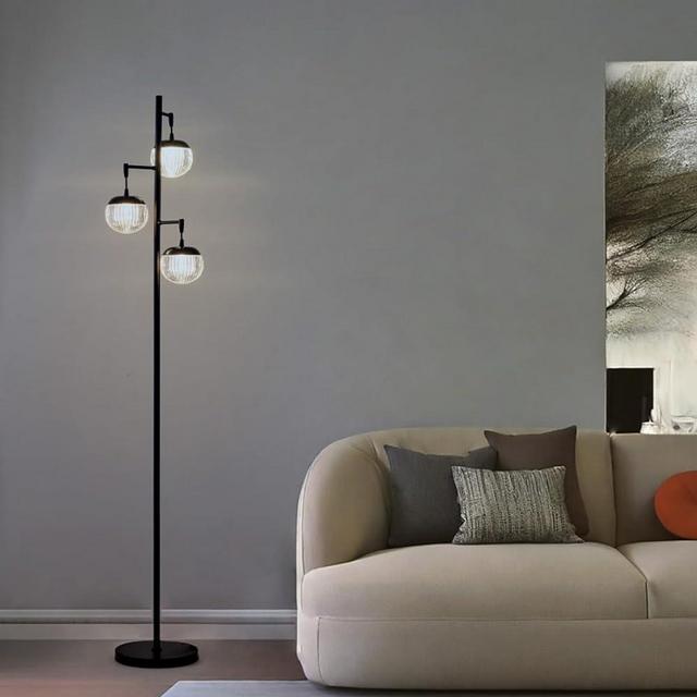 Fiqevs Modern 3 Globe Black Floor Lamps with Acrylic Crystal Sphere Shade and 3000K LED Bulbs Included, Mid Century Standing Lamp, Farmhouse Vintage Tall Lamp for Living Room Bedroom Office