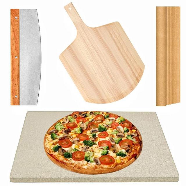 4 PCS Rectangle Pizza Stone Set, 15" Large Pizza Stone for Oven and Grill with Pizza Peel(OAK), Pizza Cutter & 10pcs Cooking Paper for Free, Baking Stone for Pizza, Bread