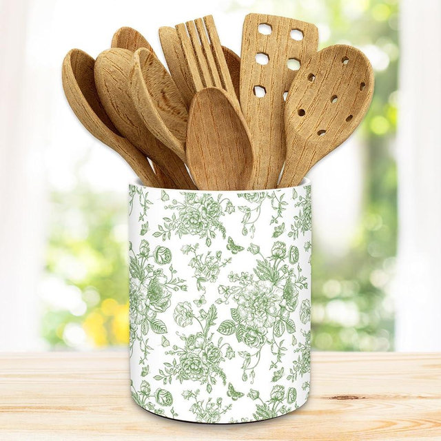 JarThenaAMCS Green Chinoiserie Floral Ceramic Utensil Holder Vintage Flower Butterfly Utensil Crock for Home Kitchen Countertop Storage Organizer Container