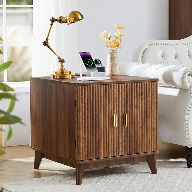 Fluted End Table with Charging Station, 2 Door Side Table with Storage, Mid Century Modern Nightstand for Bedroom Bedside, Living Room Couch Sofa, Office, Desk Side Table for Small Spaces-Walnut