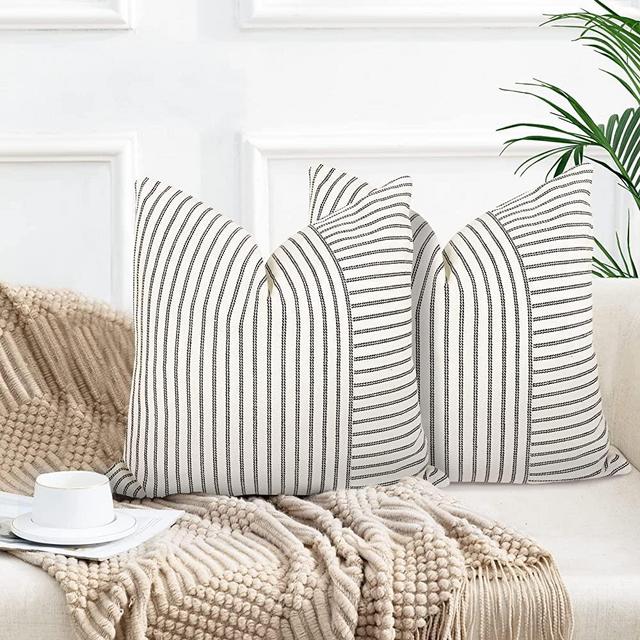 Farmhouse Pillow Covers 18x18, Modern Accent Square Throw Pillow Covers Set of 2, Black and Beige Striped Patchwork Linen Decorative Pillows Cushion Covers for Couch Chair Bedroom Fall Decorations