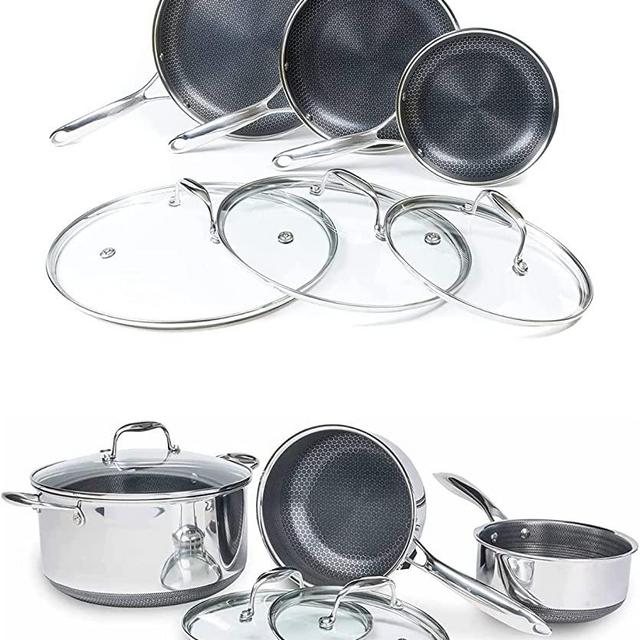 HexClad 12 Piece Hybrid Stainless Steel Cookware Set - 6 Piece Frying Pan Set, 6 Piece Non stick Pot Set with Lids - Easy to Clean and Dishwasher Safe, Induction Ready, PFOA-Free, Metal Utensils