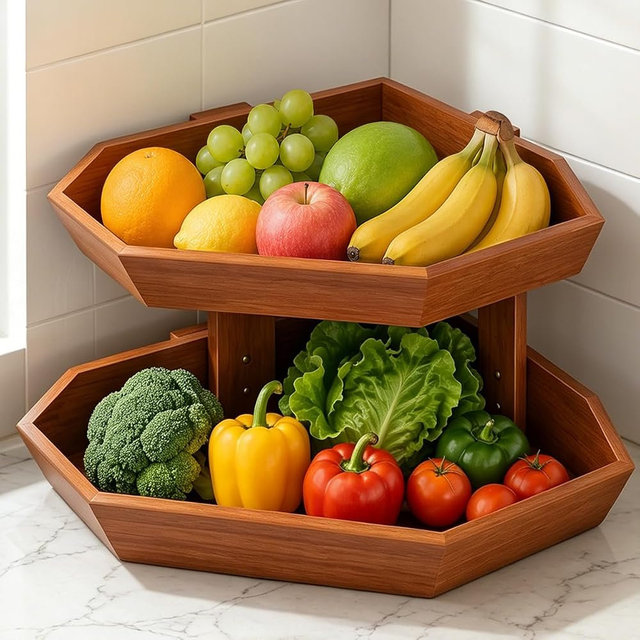 Tequie Wooden Fruit Basket for Kitchen Counter 2 Tier, Large Capacity Fruit Bowl for Corner, Space-Saving Fruit Stand Holder for Bread Fruit and Vegetable Storage Kitchen Countertop Organizer