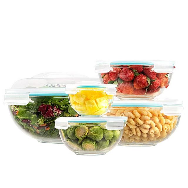 EatNeat 5-Piece Glass Salad Bowl Set With Airtight Locking Lids | Nesting Mixing Bowls for Organization and Food Storage | Microwave and Oven Safe 