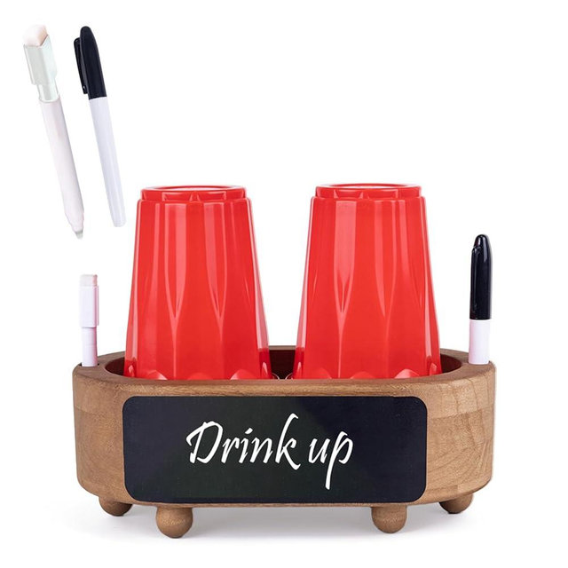 Double Wooden Cup Holder with Marker Slot,Bathroom Cup Dispenser,Disposable Mug Holder,for Party Home Decoration,Classic Brown Color,Simplicity.