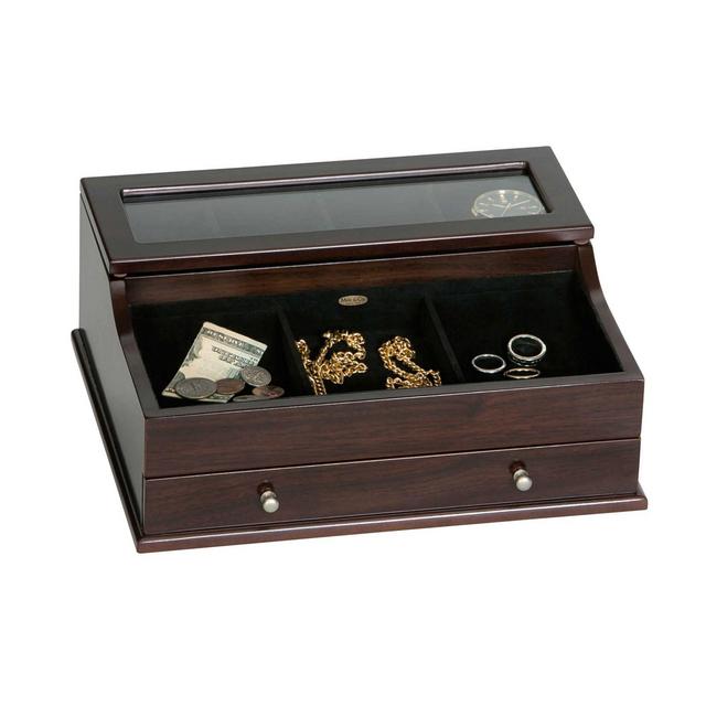 Mele & Co. Hampden Men's Glass Top Wooden Dresser Top Valet in Mahogany