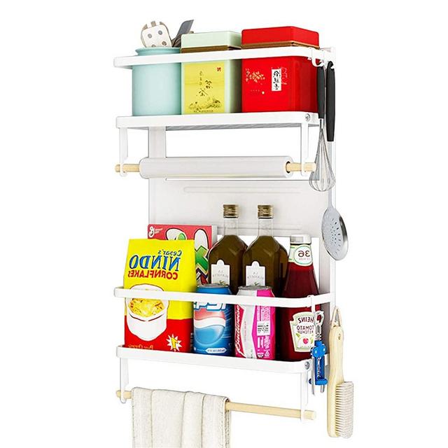 Magnetic Spice Rack,4 Tier Kitchen Magnetic Shelf for Refrigerator with 2 Paper Towel Holders and 5 Removable Hooks,Matte White