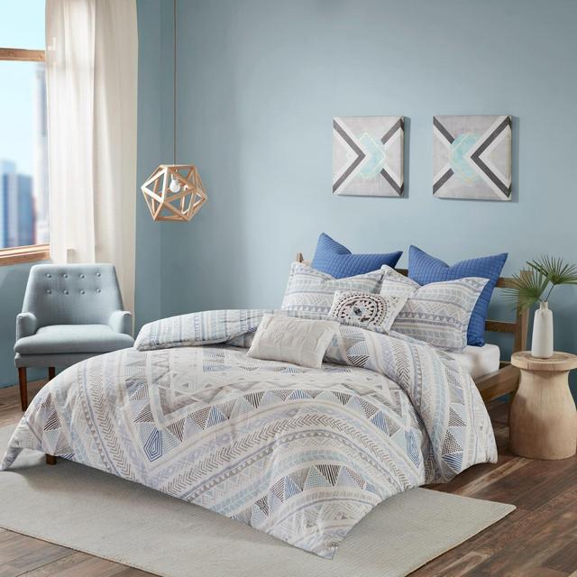 Blue Sydney Cotton Reversible Duvet Cover Set (King/California King)7pc