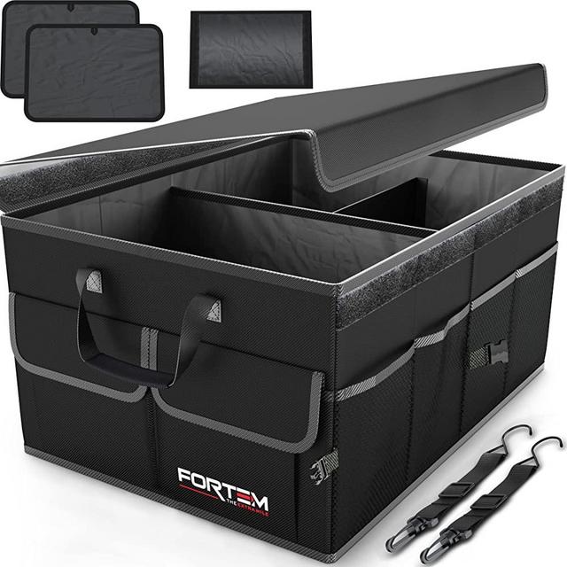 FORTEM Car Trunk Organizer, Car Storage Organizer, Collapsible Multi Compartment Car Organizer, SUV Trunk Organizer, Non Slip Bottom, Adjustable Securing Straps, Foldable Cover (Black, Large Size)