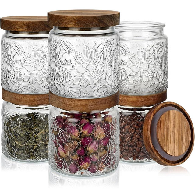Suclain 6 Pcs Vintage Glass Jar with Acacia Wood Lids 16.9oz Airtight Glass Storage Canisters Kitchen Spice Jars Food Storage Containers for Pantry Coffee Grains Tea Sugar Flour(Morning Glory)