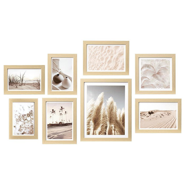 ArtbyHannah Gallery Wall Frame Set, 8 Pack Picture Frames Collage Wall Decor with Neutral Pampas Grass Art for Living Room Bedroom, Assorted Size Including 8"x10", 5"x7", 4"x6", 6"x6" (Beige Frame)