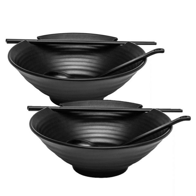 2 x Ramen Bowl Set (Black Melamine), Japanese Style Soup Bowls with Chopsticks and Ladle Spoons Set, Large 37 oz for Ramen Noodles
