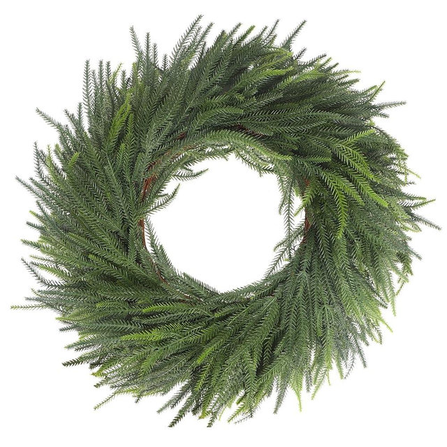 LOKEISNA Real Touch Norfolk Pine Wreath, 24" Artificial Christmas Wreaths for Front Door, Soft Bendable Pine Wreath for Wall Windows Mantle Christmas New Year