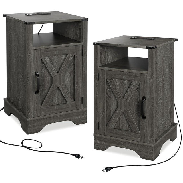 RoyalCraft Nightstand Set of 2 with Charging Station, Tall Farmhouse Bedside Table with Large Storage and Shelf, Wooden End Table with for Bedroom, Living Room(Dark Grey)