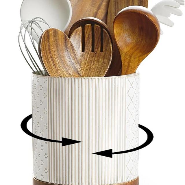 getstar 360° Rotating Kitchen Utensil Holder, Large Ceramic Cooking Utensil Holder for Kitchen Counter with Rotatable and Detachable Wooden Base