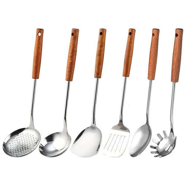 FJNATINH Stainless Steel Kitchen Utensils Set with Wood Handle Nonstick Stainless Steel Cooking Utensils Set with Turners,Spatula,Ladle,Skimmer,Solid Spoon,Pasta