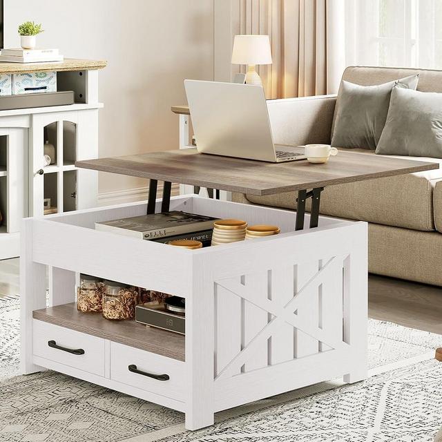 YITAHOME Square Lift Top Coffee Tables for Living Room, Farmhouse Coffee Table with Storage, Small Coffee Tables with 2 Drawers Lifting Top, Wooden Center Table for Home, Grey Wash