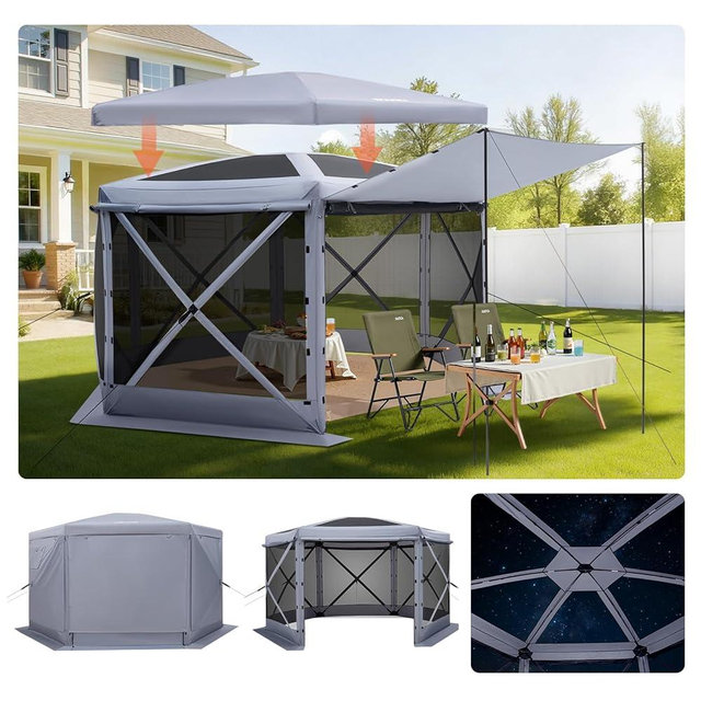 VEVOR Pop up Gazebo Screen Tent, 12 x 12 ft Large 6-Sided Camping Canopy Tent with Removable Top & Carry Bag, Quick-Set & Bite-Proof, Screen House Sun Shelter for 8-10 Persons Backyard Patio, Grey