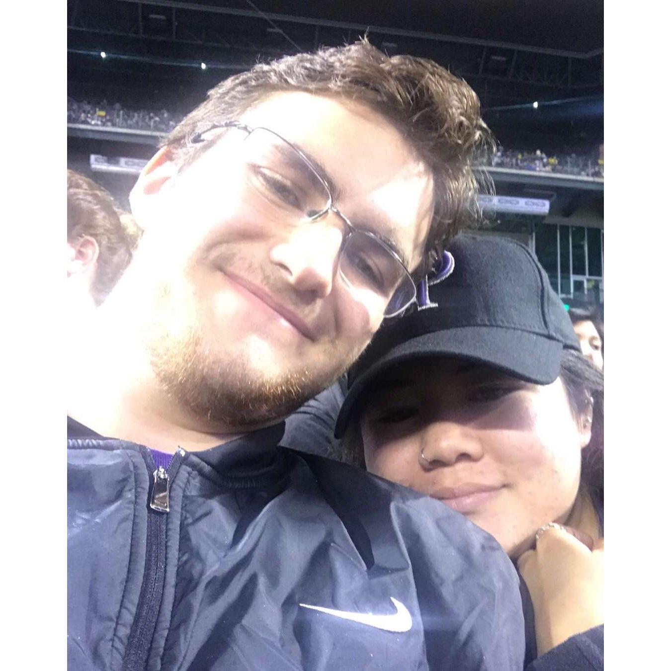 One of our first Rockies games together (and probably the only photo of Megan wearing a Rockies hat) (2018)