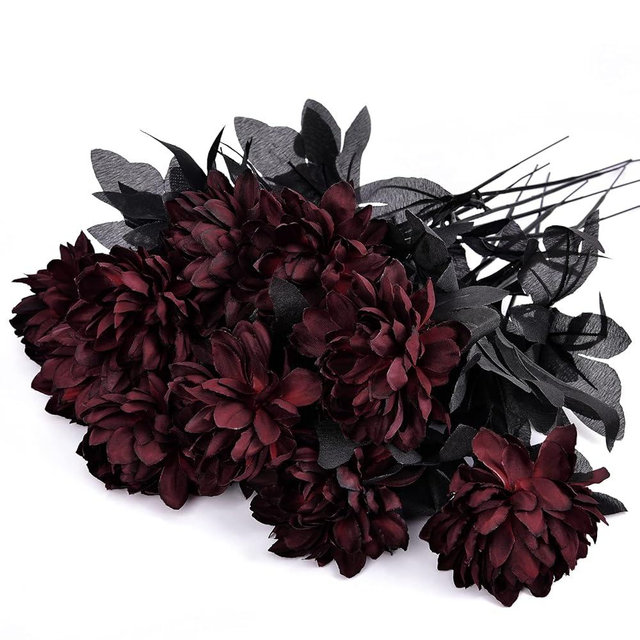 Artflower 10 Pack Artificial Silk Dahlia Bouquet with Long Stem, 16” Wine Red Fake Flower Floral Arrangements Wedding Bridal Bouquet for Halloween Harvest Festival Table Centerpieces Home Decor