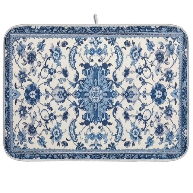 Wassud Dish Drying Mat Kitchen Counter Absorbent Blue and White Pattern Coffee Sink Mat Dish Drainer Pad 18 Inch x 16 Inch