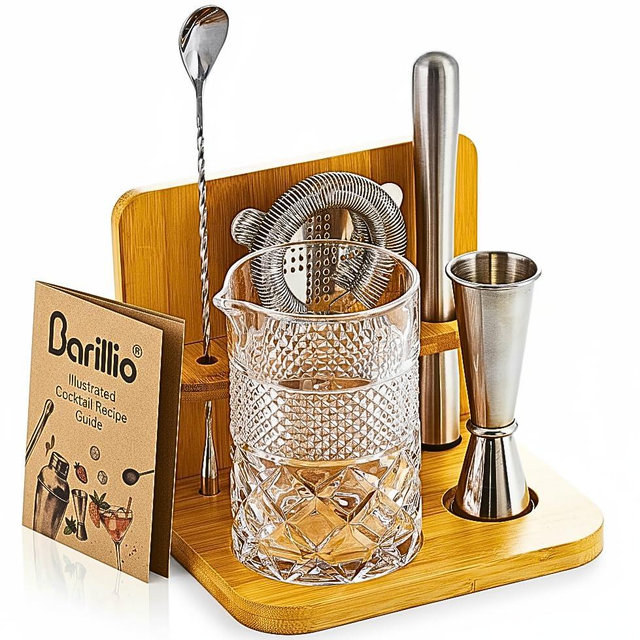 Barillio 24 Oz Crystal Cocktail Mixing Glass with Bamboo Stand & Bar Tools | Seamless Lead-Free Crystal, Weighted Base Stirring Pitcher | Including Muddler, Mixing Spoon, Jigger and Strainer