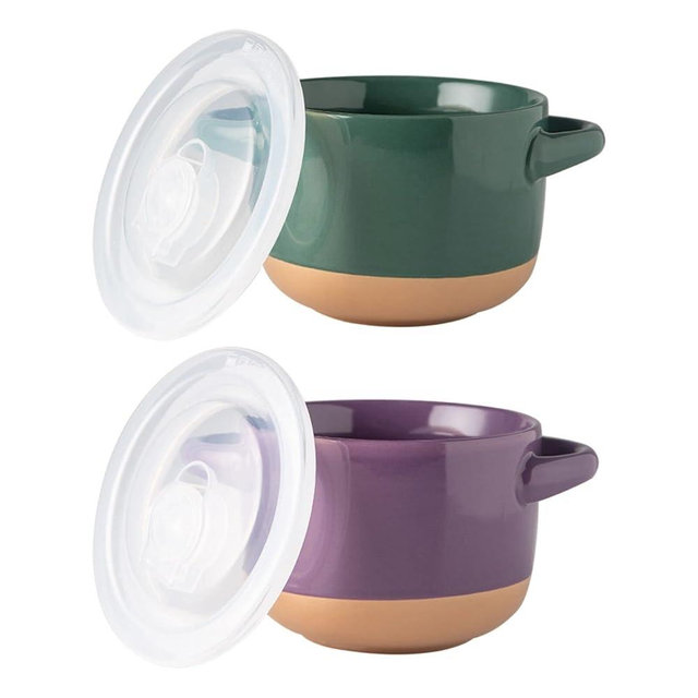AmorArc 24 Ounces Soup Bowls with Large Handles and Lids, Stoneware Bowls Set of 2 for Soup, Cereal, Stew, Noodle, Colourful Ceramic Kitchen Bowls, Microwave&Dishwasher Safe, Green&Purple