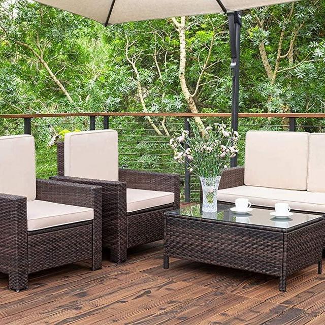 Homall 4 Pieces Outdoor Patio Furniture Sets Rattan Chair Wicker Conversation Sofa Set, Outdoor Indoor Backyard Porch Garden Poolside Balcony Use Furniture (Beige)