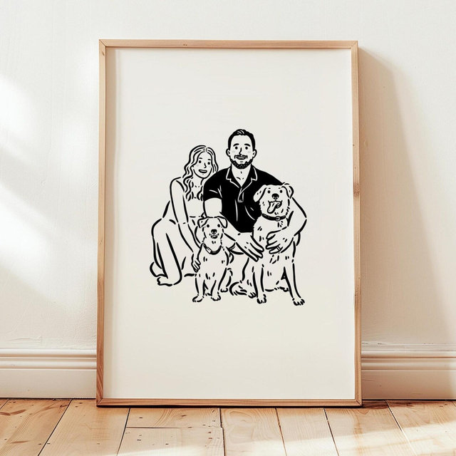 Digital Custom Family Portrait, Line Art Drawing, Cartoon Minimalist, Cute Pet Gift, Personalized Pet Lover Gift, Gift For Family