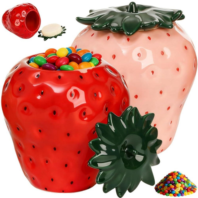 Tlence 2 Pack Strawberry Storage Jars, 14 OZ Ceramic Cookie Containers with Airtight Lids, Cute Sugar Canisters Set, Candy and Coffee Bean Jar for Flour Nut Tea Spices Grains, Kitchen Farmhouse Decor