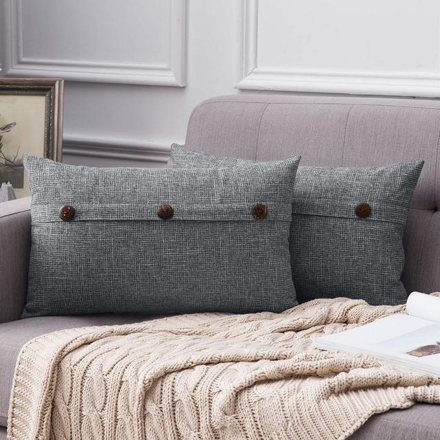 MIULEE Set of 2 Decorative Linen Throw Pillow Covers Cushion Case Triple Button Vintage Farmhouse Pillowcase for Couch Sofa Bed 12 x 20 Inch 30 x 50 cm Dark Grey