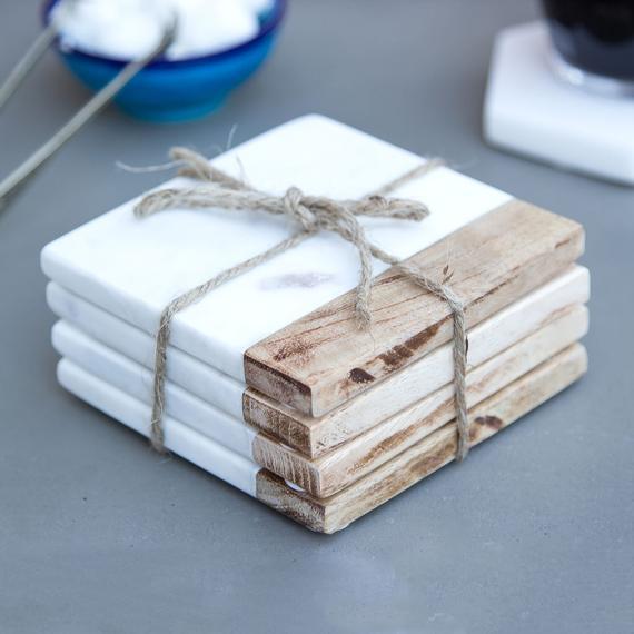 Set of 4 Marble  & Wood Square Coasters | Handmade | Coffee | Tea | Wine | Coasters | Wedding Gift | Home Gift | White Marble